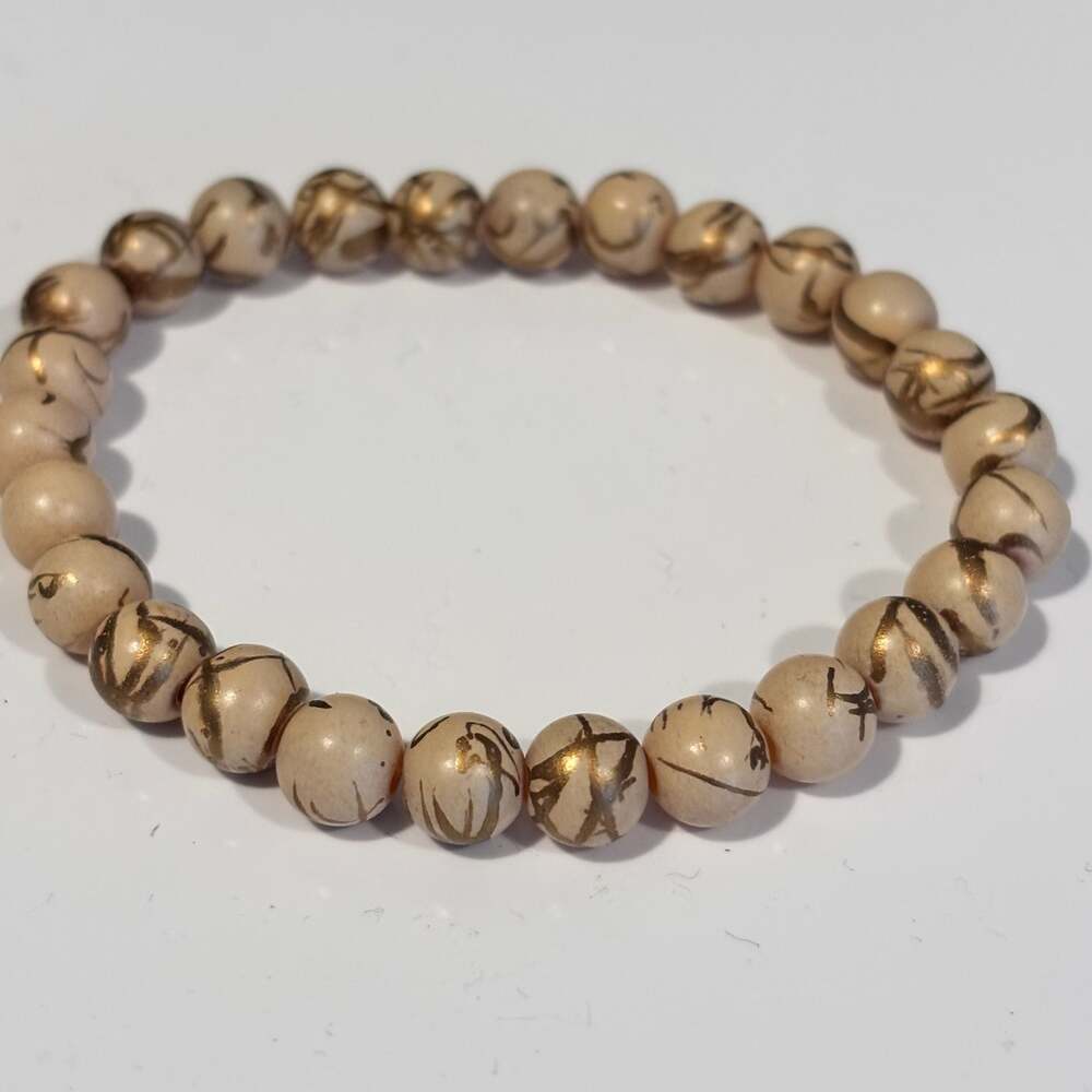 Wood Tan Brown Round Bead Stretch Bracelet